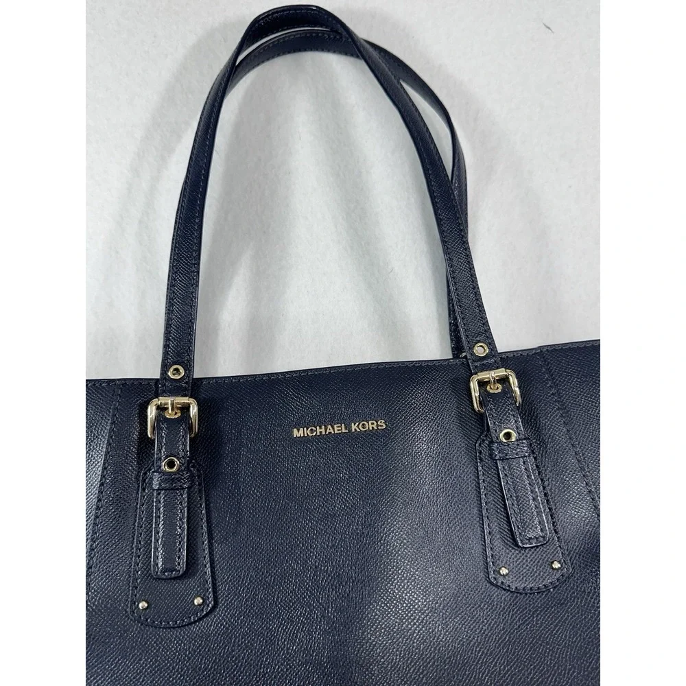 Michael Kors Navy Saffiano Leather Tote Bag Gold Hardware Structured Shoulder